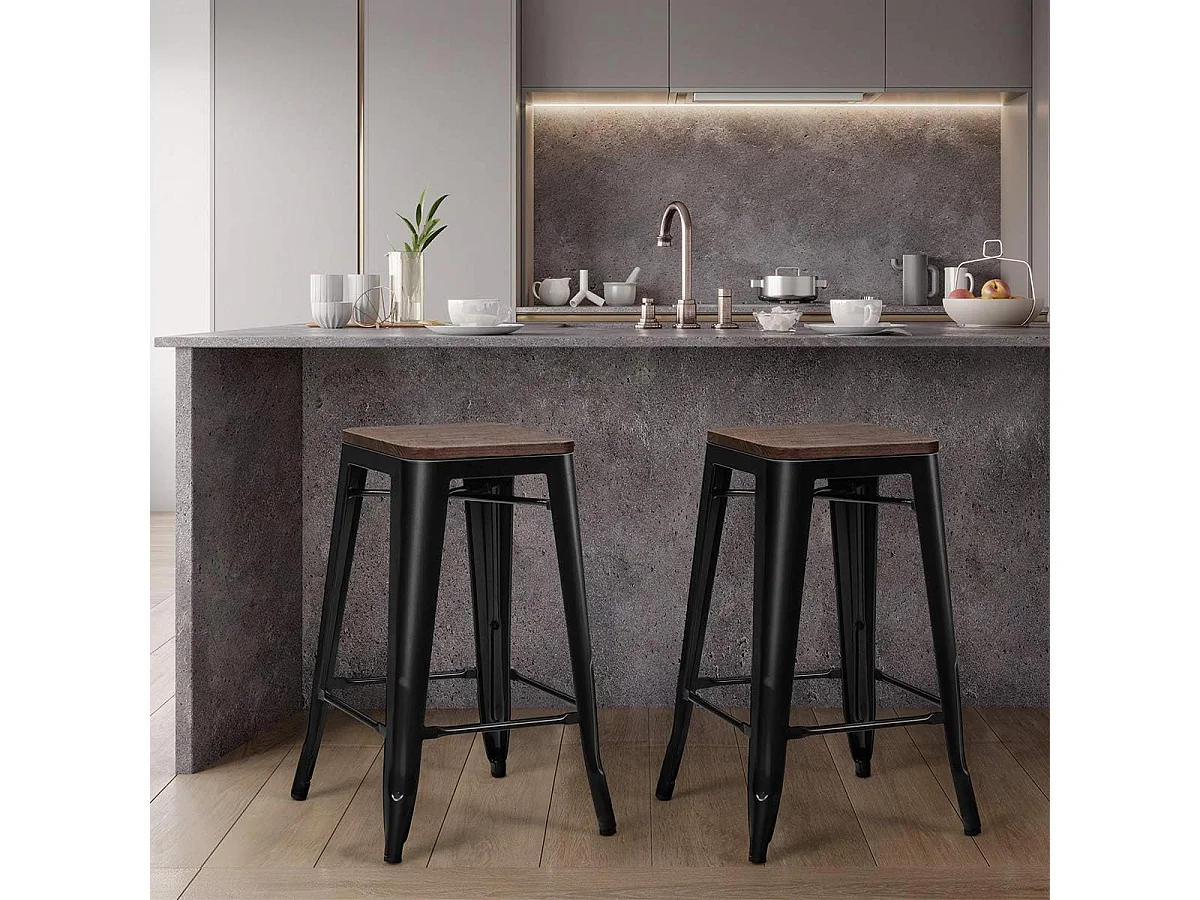 4 Tabouret Bar Empilable de Style Industriel-Siège en Bois d'orme-Aucune installation n'est nécessaire-Charge 150 KG