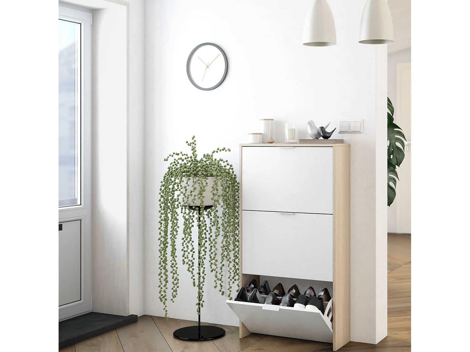 Meuble à chaussures avec 3 portes, capacité 18 paires - Blanc et chêne - MC81011