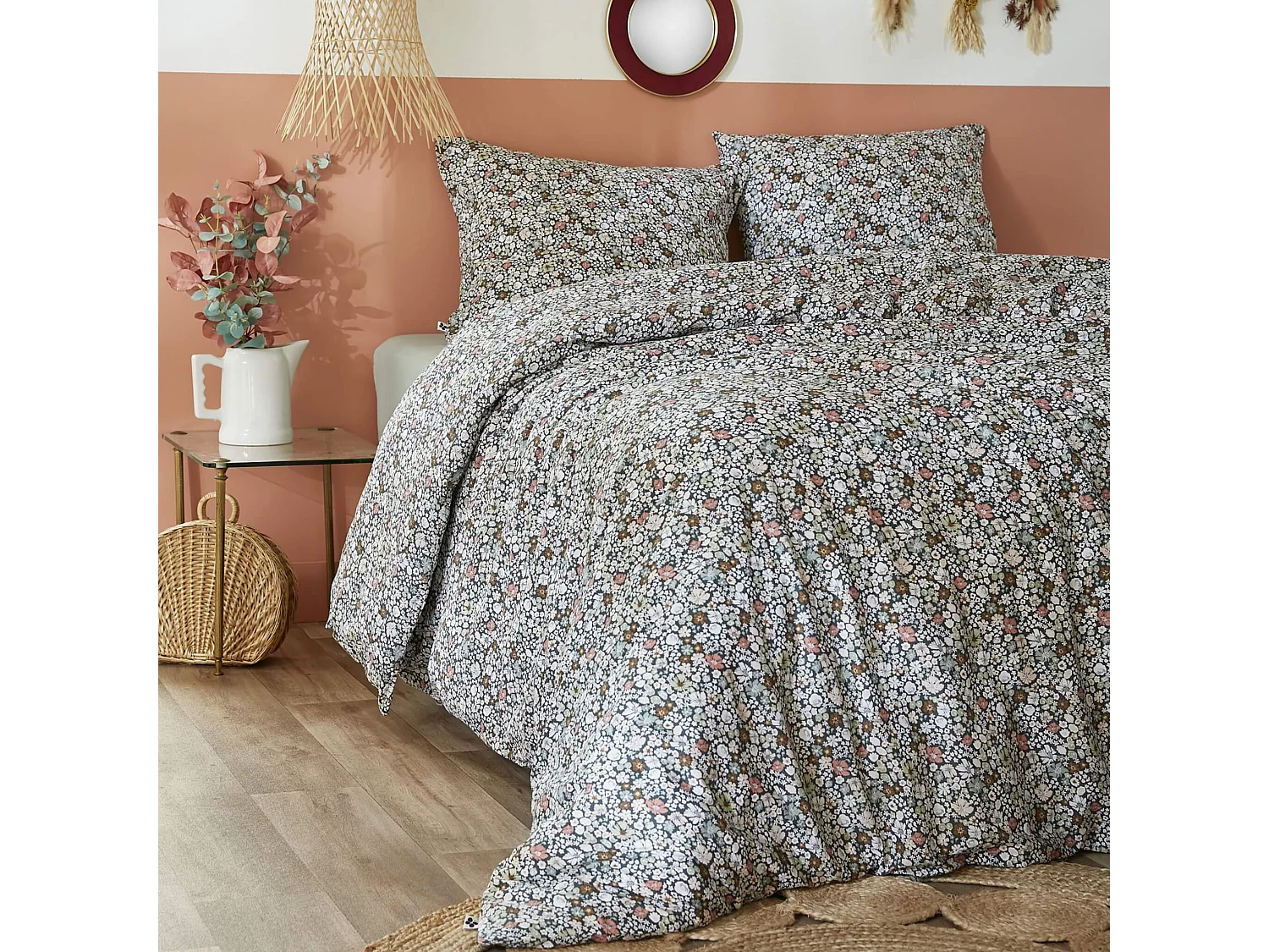 Parure de lit coton imprimé floral Bleu 240x220