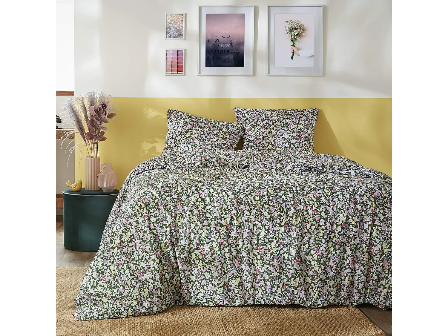 Parure de lit coton imprimé floral Vert 140x200