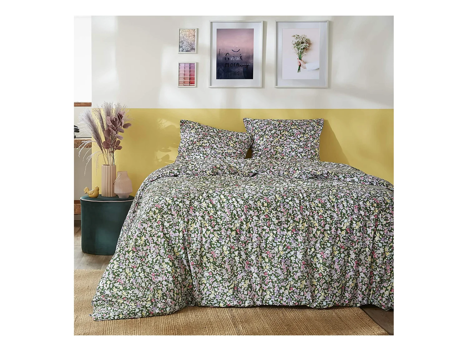 Parure de lit coton imprimé floral Vert 140x200