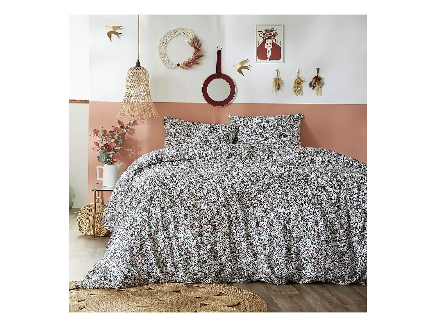 Parure de lit coton imprimé floral Bleu 140x200