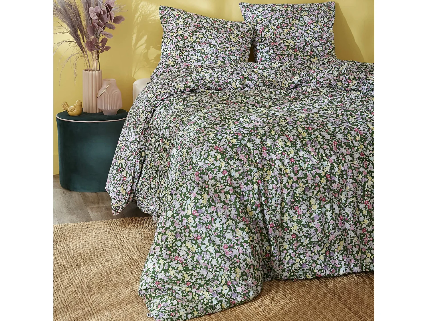 Parure de lit coton imprimé floral Vert 260x240