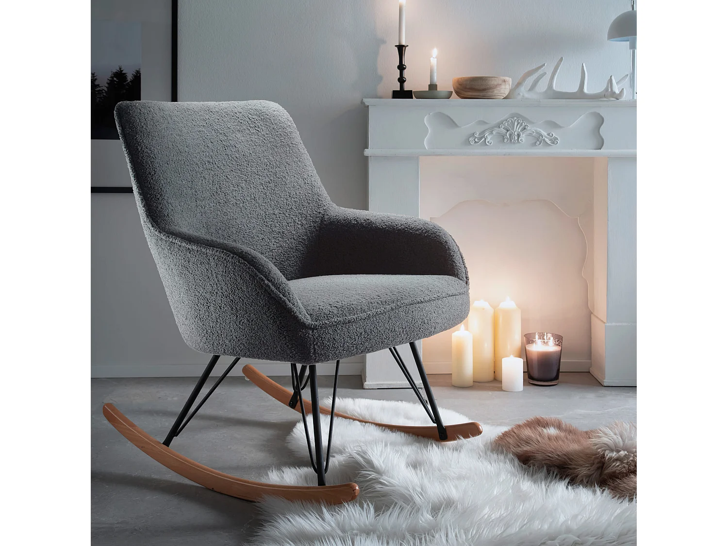 Fauteuil rocking chair bouclette gris avec pieds en hêtre - FA16024