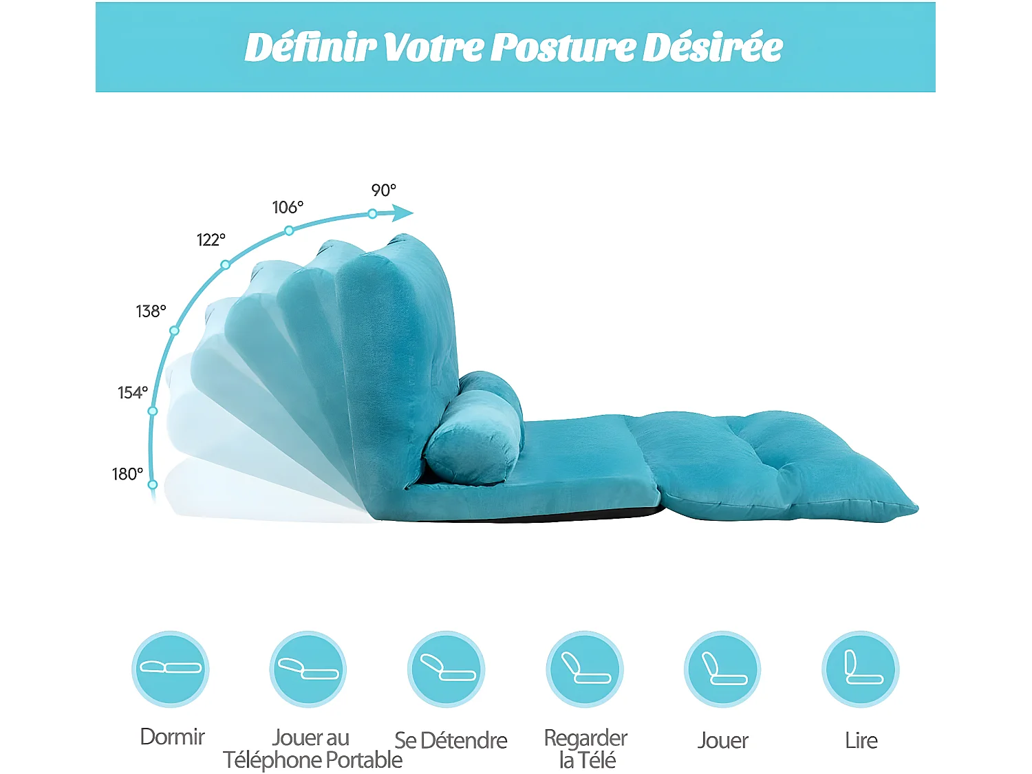 Canapé-lit Paresseux Pliable, Canapé de Sol Réglable 90°-180° à 6 Positions avec 2 Oreillers Bleu