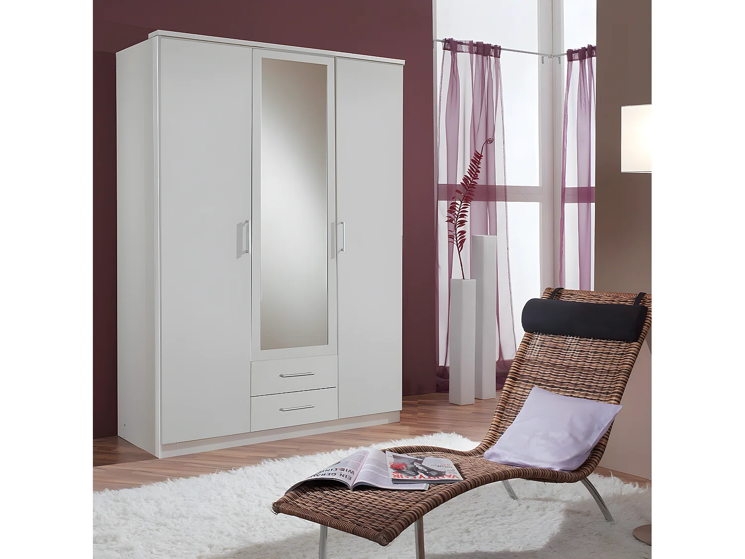 Armoire 2 portes 1 porte miroir et 2 tiroirs - L135 cm