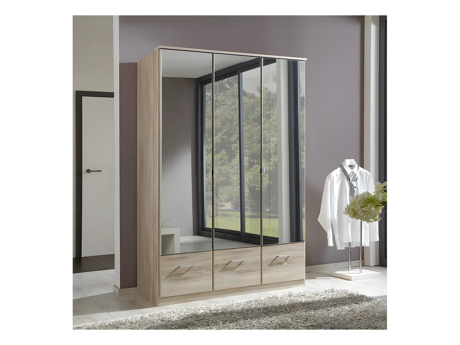 Armadio 3 ante specchio e 3 cassetti - L135 cm