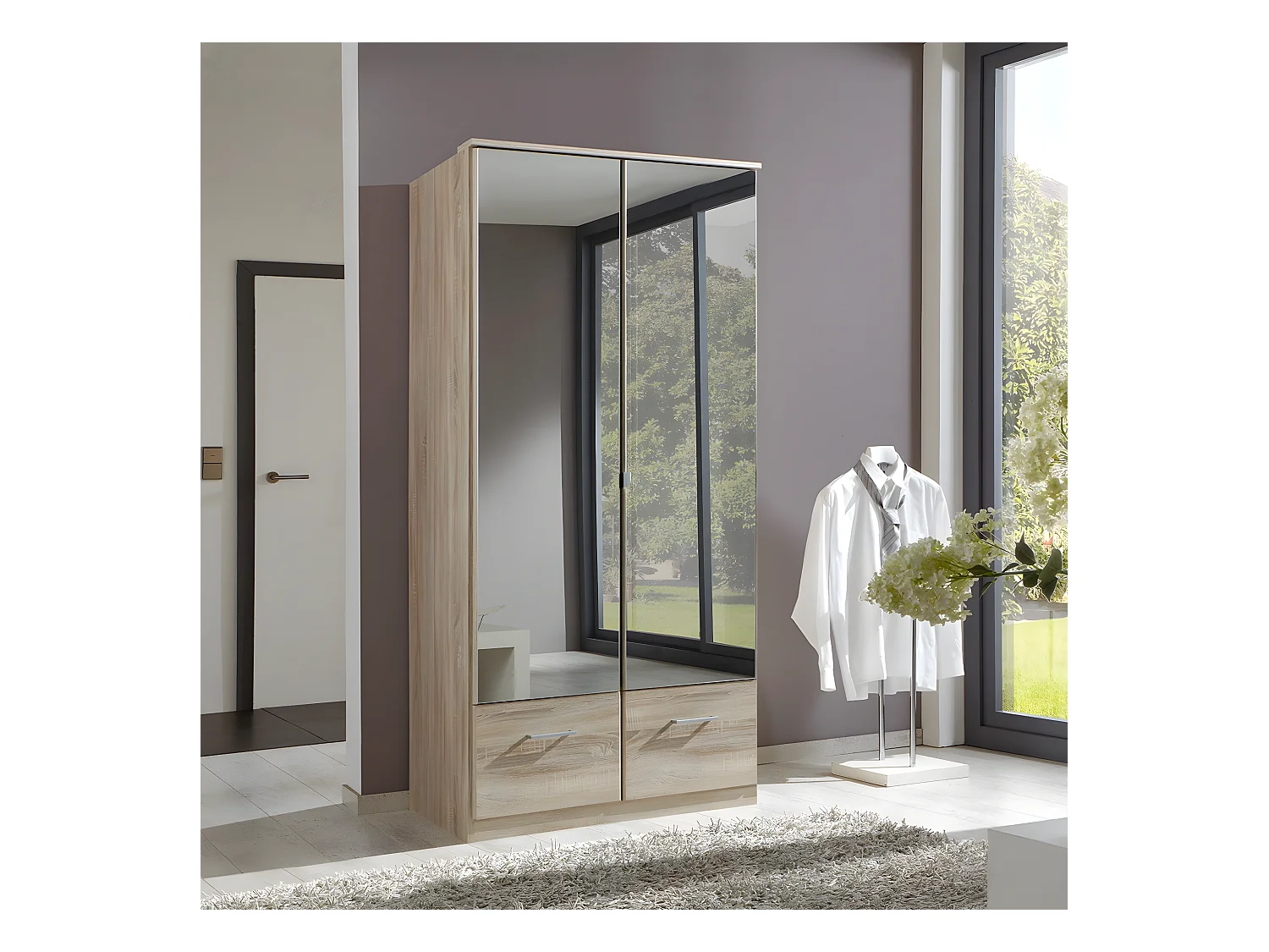 Armoire 2 portes miroir et 2 tiroirs - L91 cm