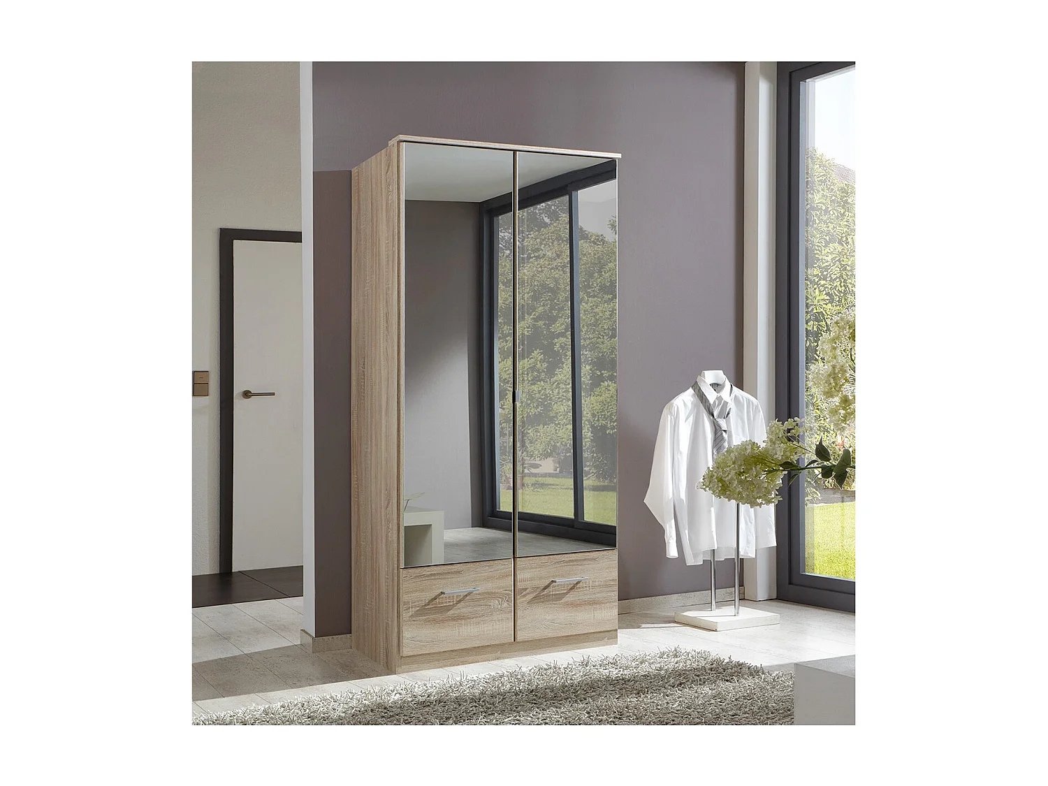 Kleiderschrank mit 2 Spiegeltüren und 2 Schubladen - L91 cm