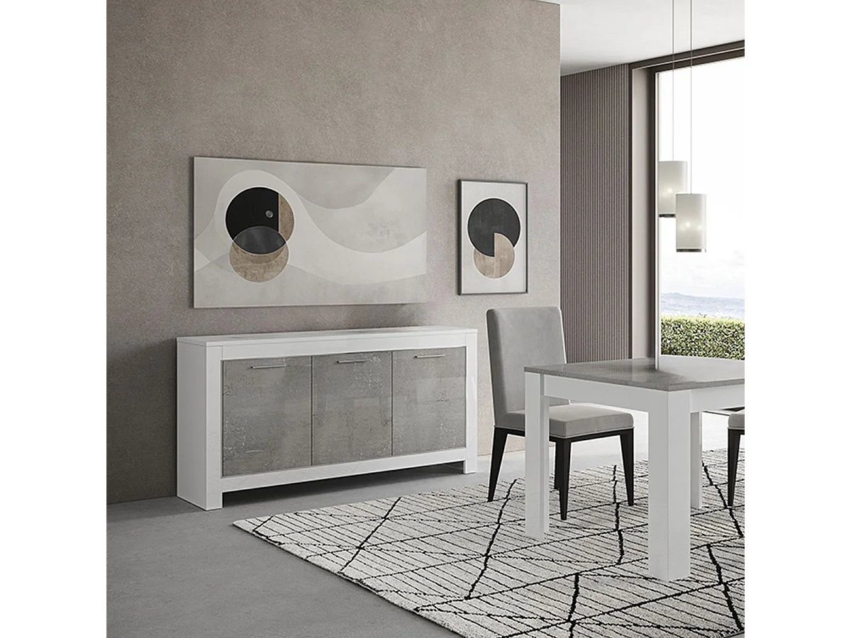 DENAE - Buffet 3 Portes L160cm Laqué Blanc Brillant et Gris Marbré