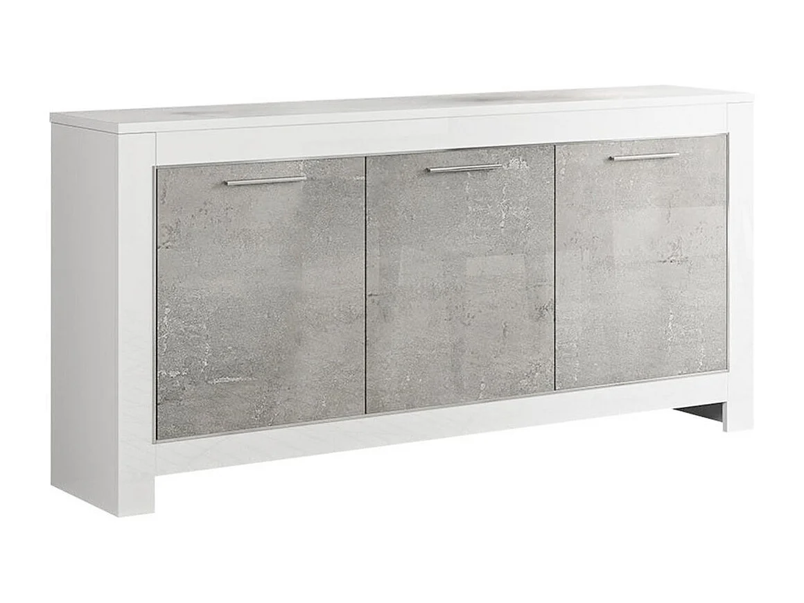 DENAE - Buffet 3 Portes L160cm Laqué Blanc Brillant et Gris Marbré