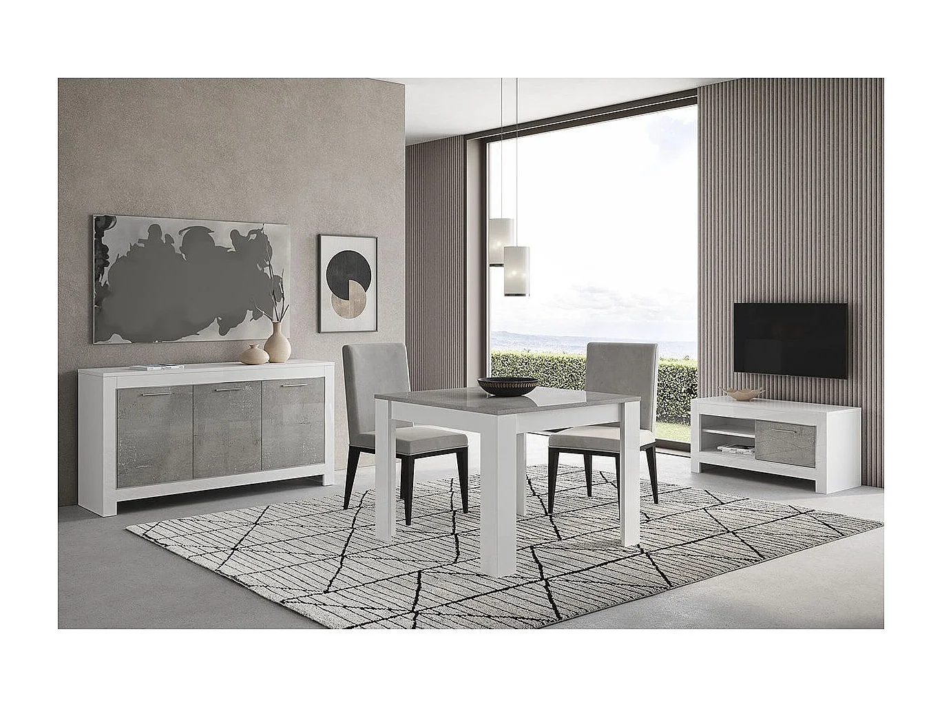 DENAE - Buffet 3 Portes L160cm Laqué Blanc Brillant et Gris Marbré