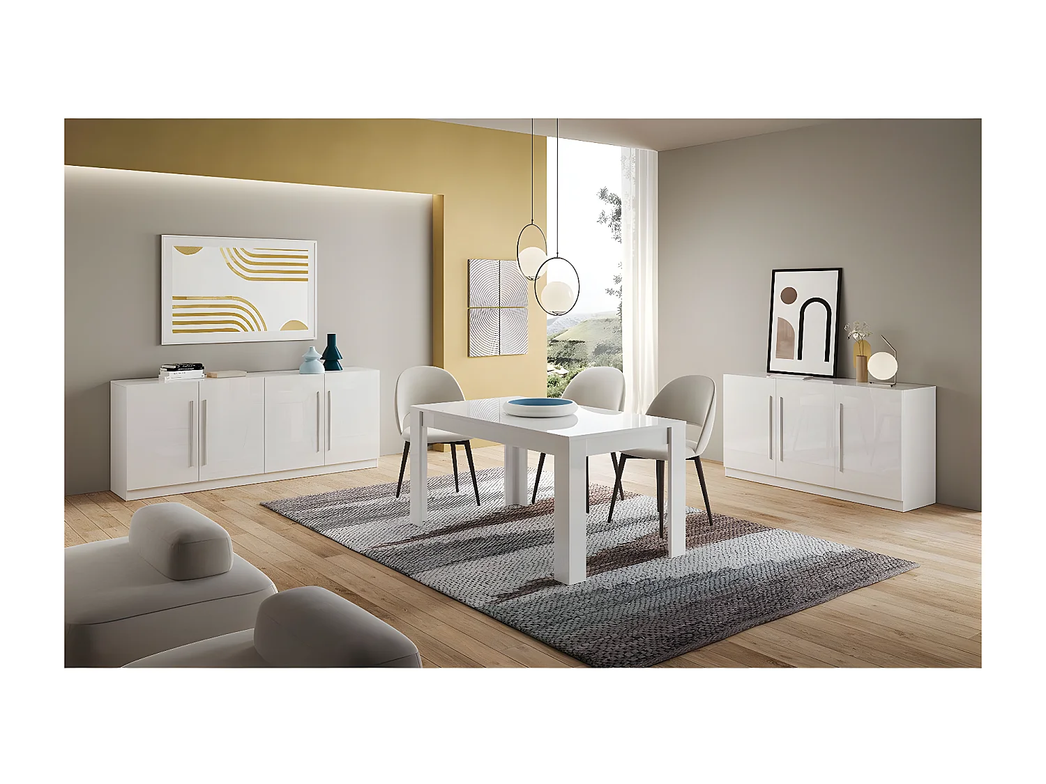 CLARK - Buffet 3 Portes Moderne Laqué Blanc et Marbre Poignées en Métal