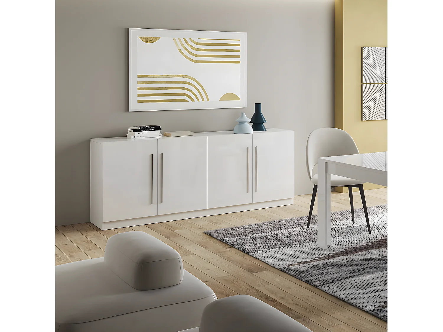 CLARK - Buffet 4 Portes Moderne Laqué Blanc Poignées en Métal