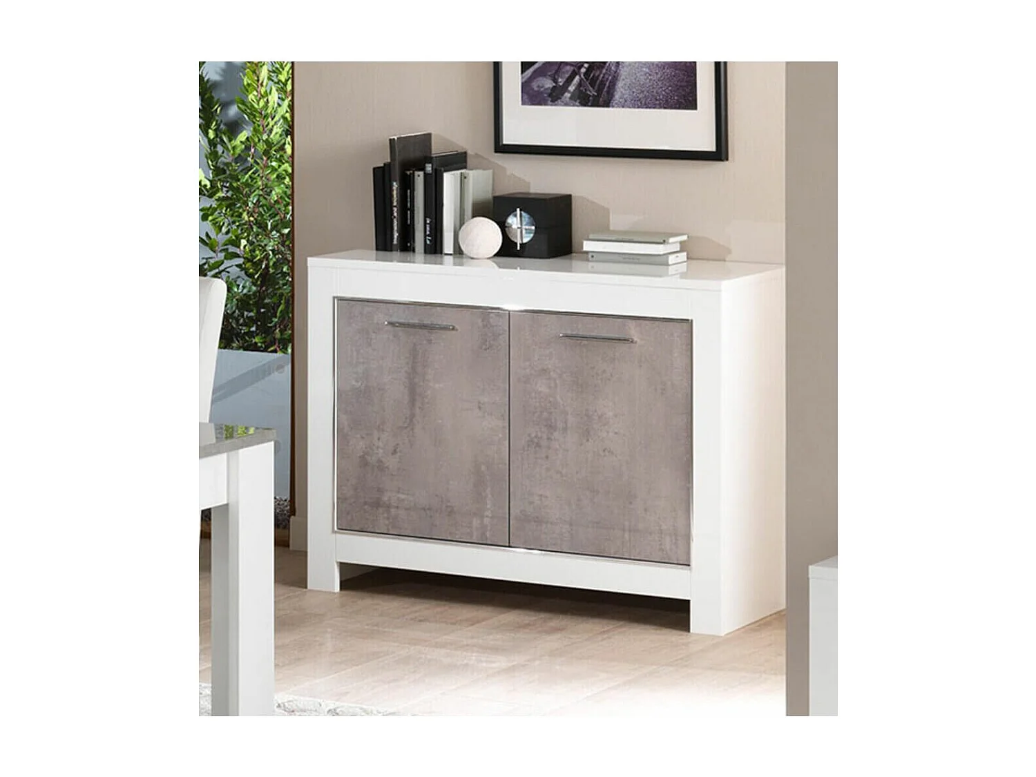 DENAE - Buffet 2 Portes L112cm Laqué Blanc Brillant et Gris Marbré