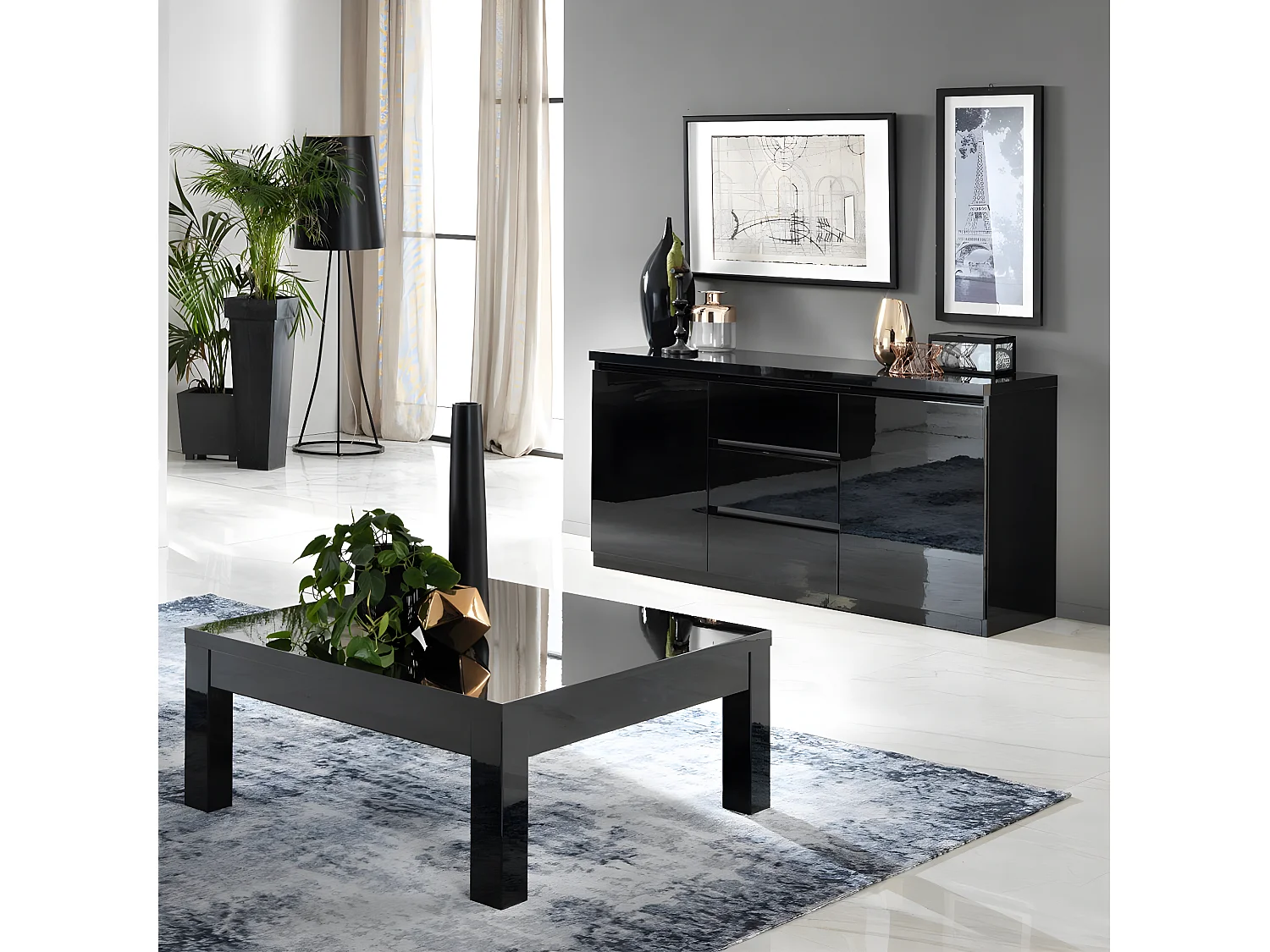 DEYTON - Buffet 2 Portes 3 Tiroirs Laqué Noir Brillant