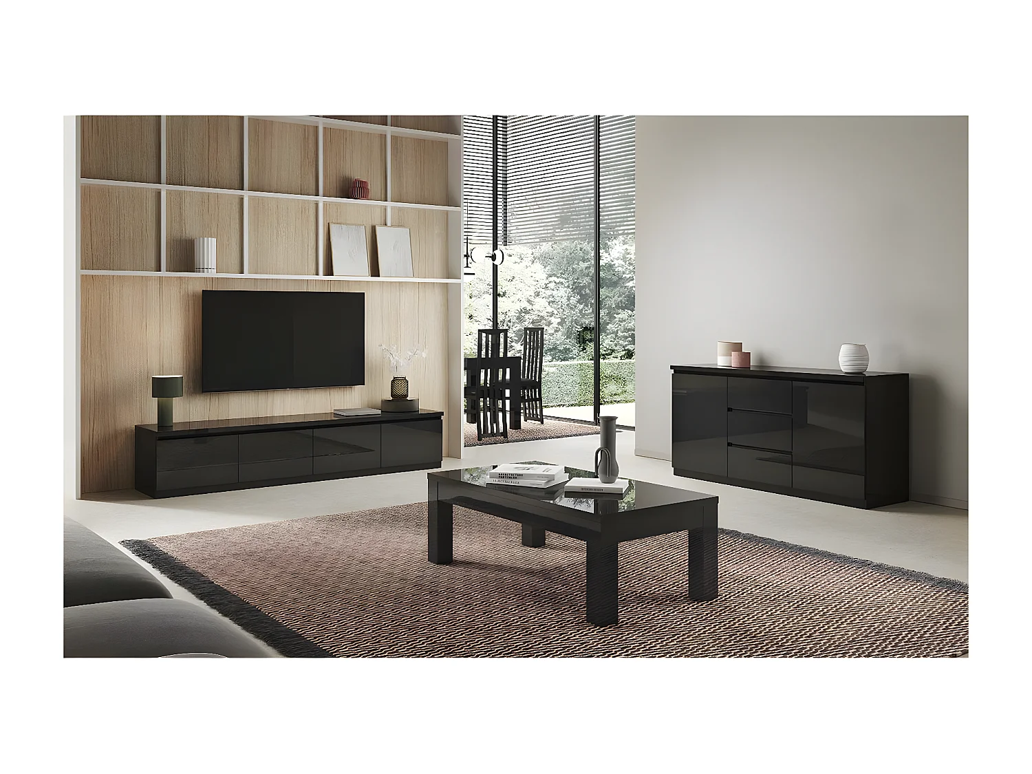 DEYTON - Buffet 2 Portes 3 Tiroirs Laqué Noir Brillant