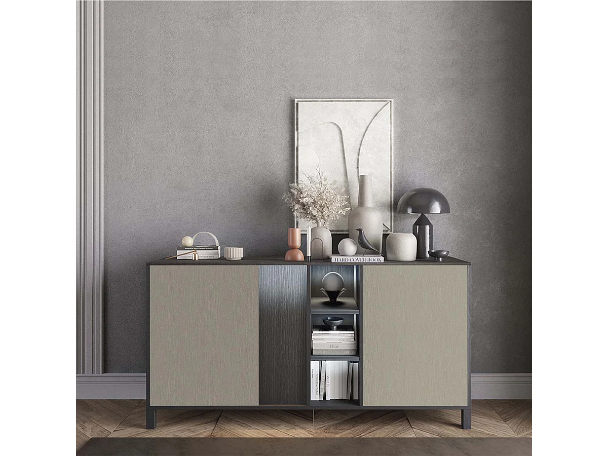 MANTA - Buffet 2 Portes Aspect Chêne Foncé et Champagne avec Leds