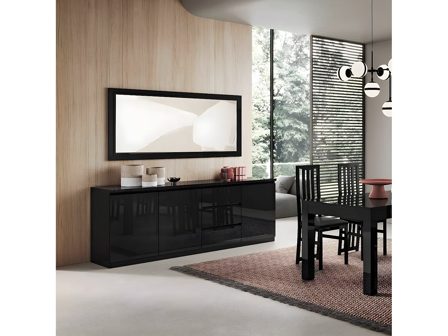 DEYTON - Buffet 3 Portes 3 Tiroirs Laqué Noir Brillant