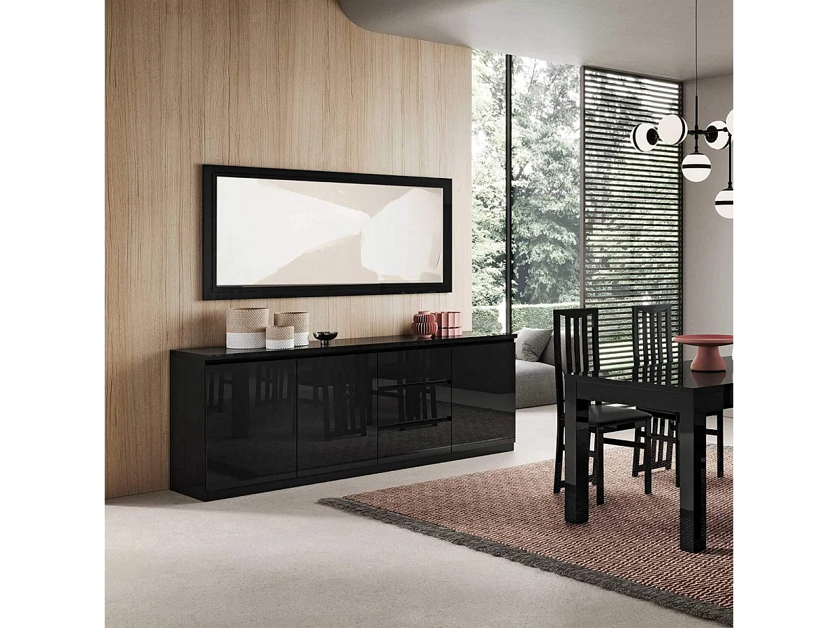 DEYTON - Buffet 3 Portes 3 Tiroirs Laqué Noir Brillant