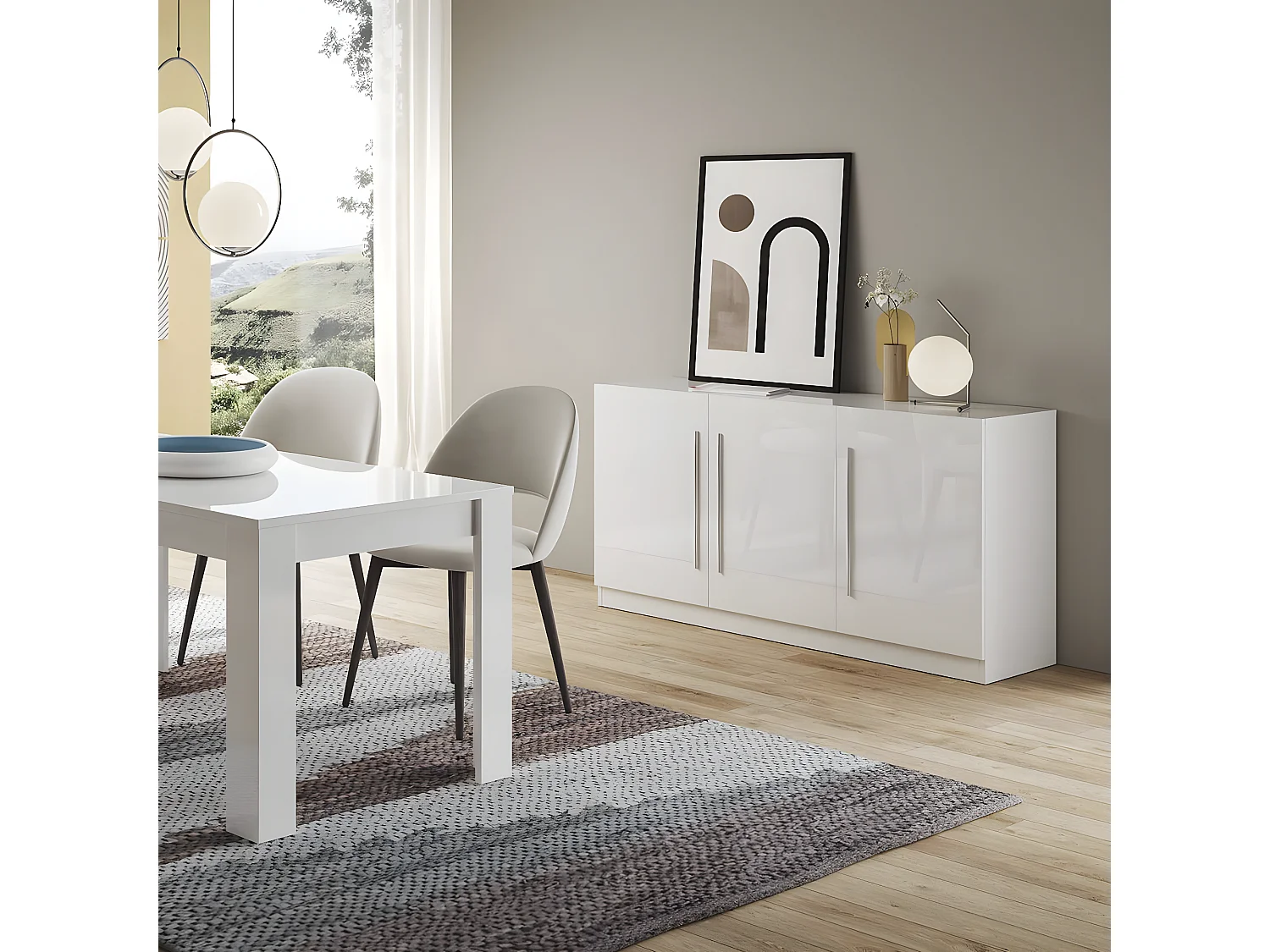 CLARK - Buffet 3 Portes Moderne Laqué Blanc Poignées en Métal