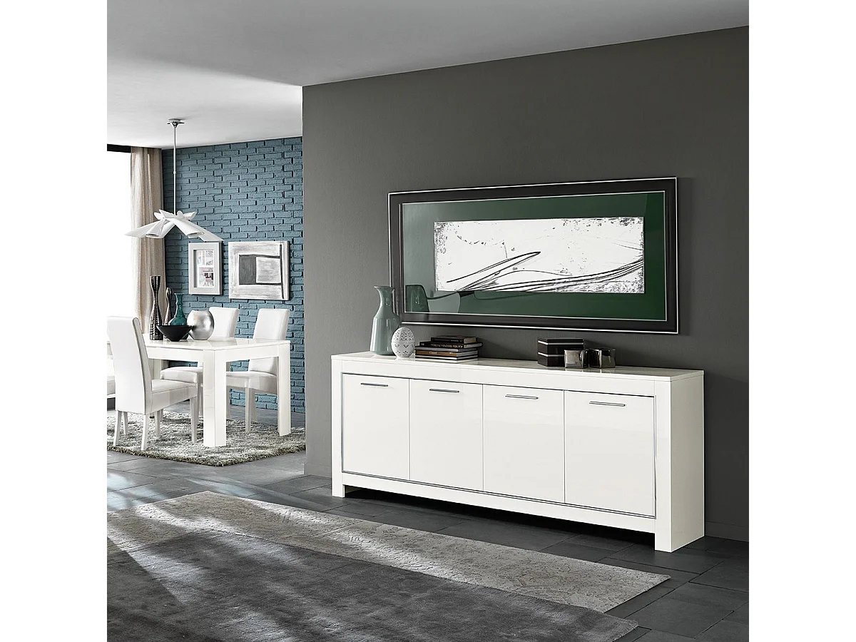 DENAE - Buffet 4 Portes L207cm Laqué Blanc Brillant