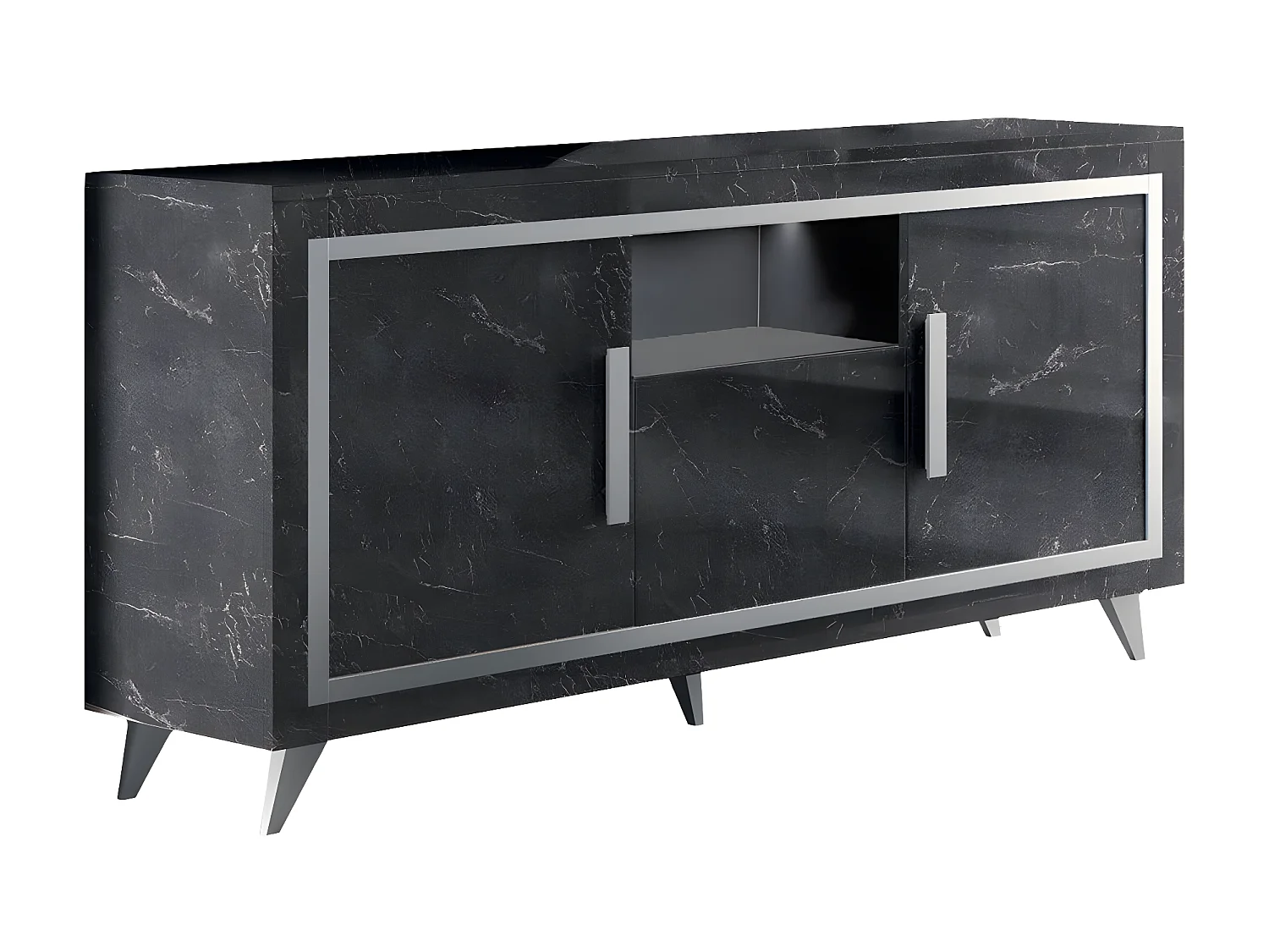 GUEDA - Buffet 3 Portes Effet Marbre Anthracite Finition Argent avec Leds