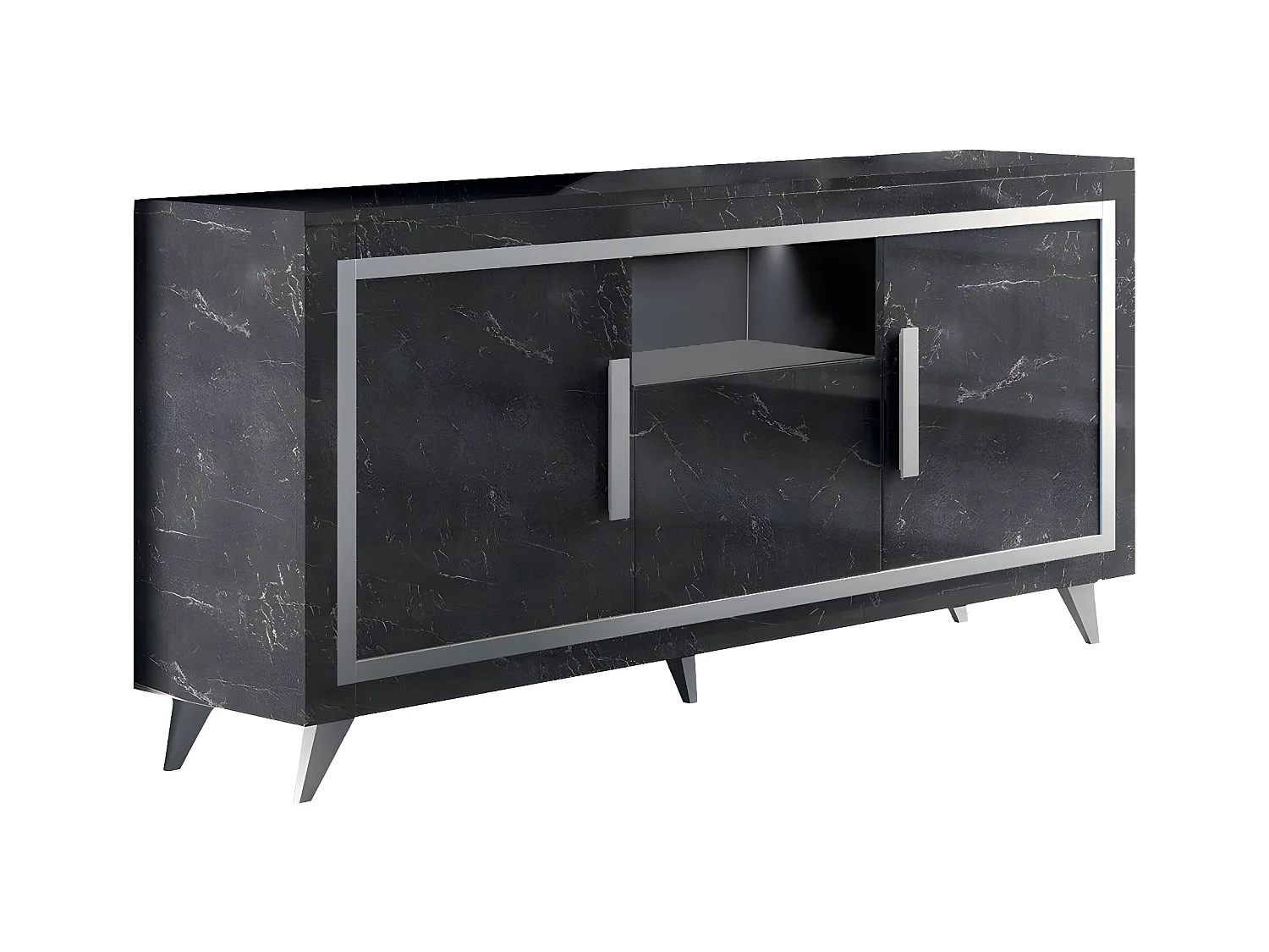 GUEDA - Buffet 3 Portes Effet Marbre Anthracite Finition Argent avec Leds