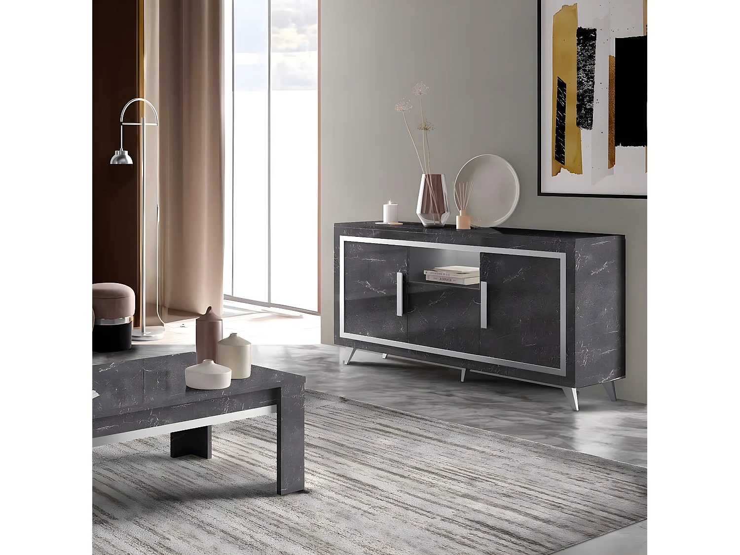 GUEDA - Buffet 3 Portes Effet Marbre Anthracite Finition Argent avec Leds