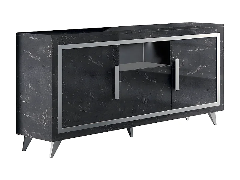 GUEDA - Buffet 3 Portes Effet Marbre Anthracite Finition Argent avec Leds