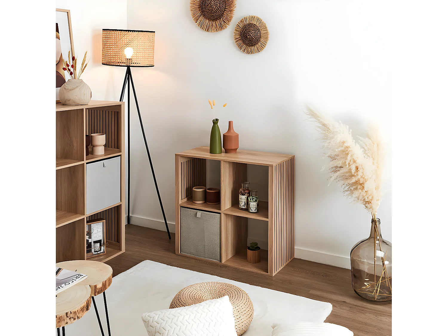 PAJAN - Rangement 4 Cases Effet Bois avec Tasseaux