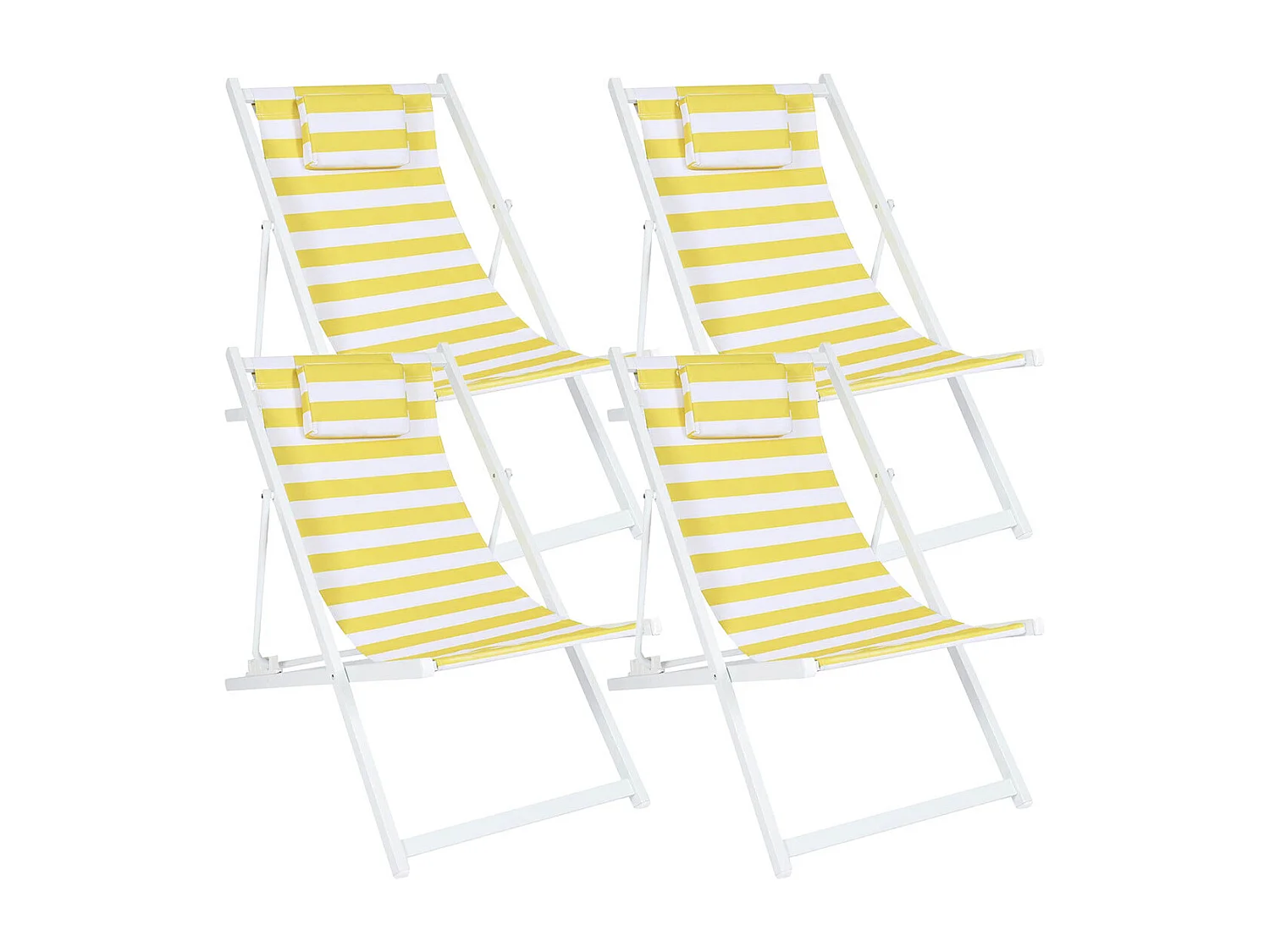 CISCO - Lot de 4 Chiliennes en Bois Teinté Blanc Toile Rayures Jaunes et Blanches