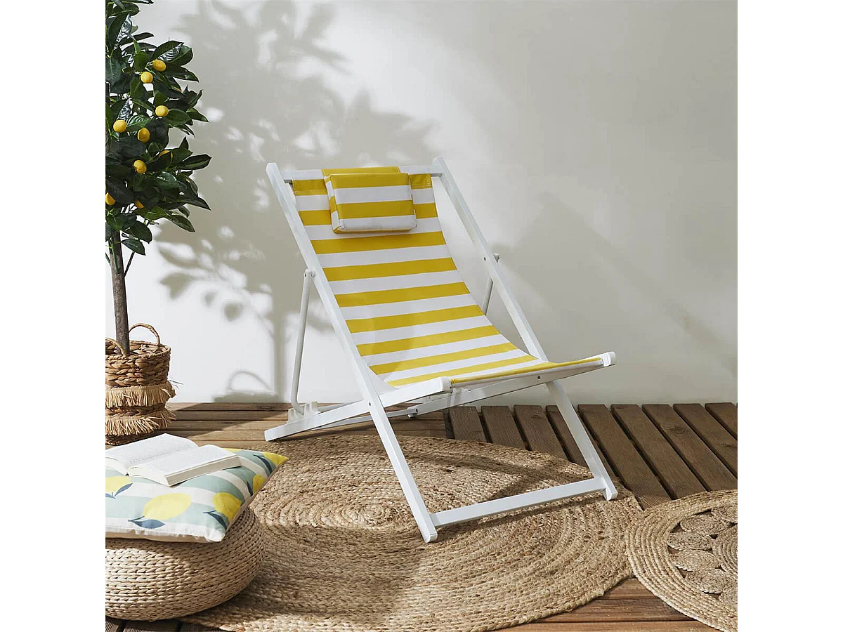 CISCO - Lot de 4 Chiliennes en Bois Teinté Blanc Toile Rayures Jaunes et Blanches