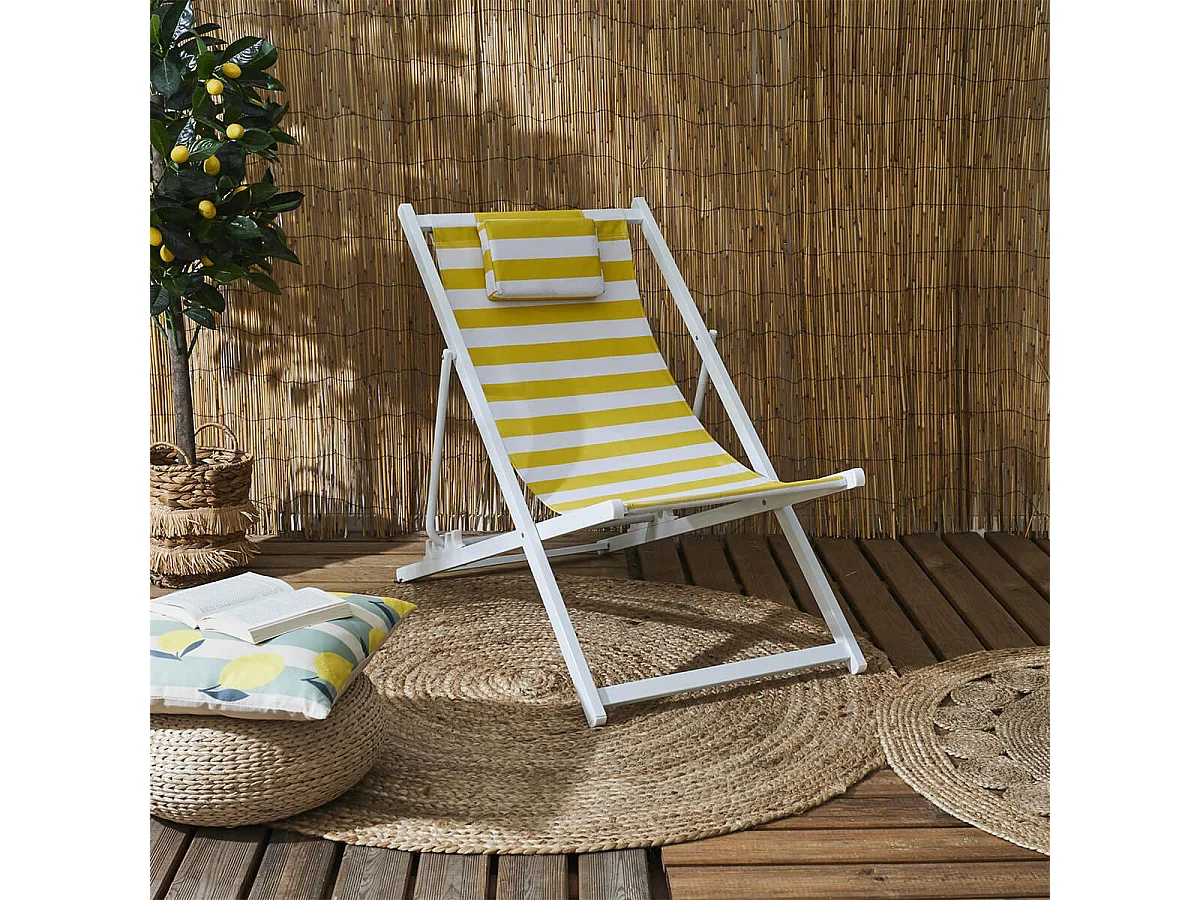 CISCO - Lot de 4 Chiliennes en Bois Teinté Blanc Toile Rayures Jaunes et Blanches