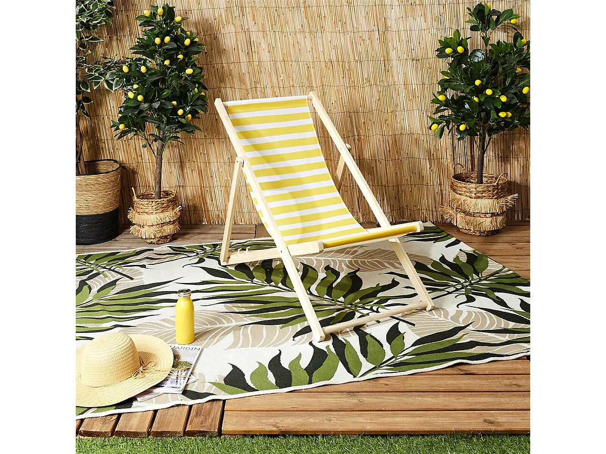 CISCO - Lot de 2 Chiliennes en Bois Naturel Toile Rayures Jaunes et Blanches