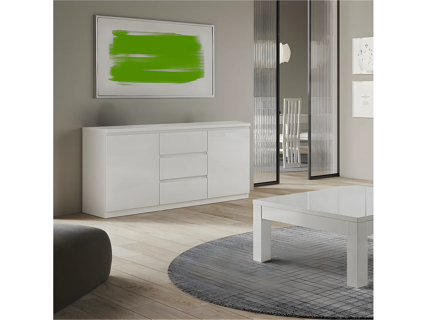 DEYTON - Buffet 2 Portes 3 Tiroirs Laqué Blanc Brillant