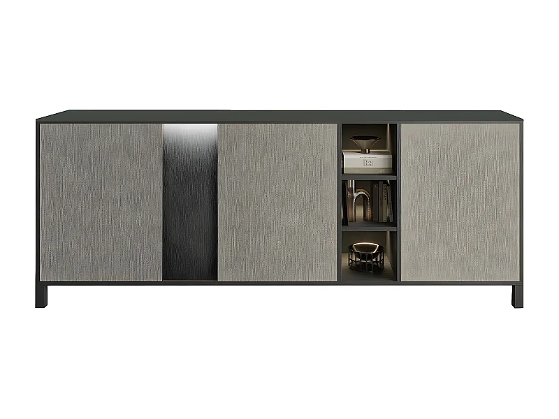 MANTA - Buffet 3 Portes Aspect Chêne Foncé et Champagne avec Leds