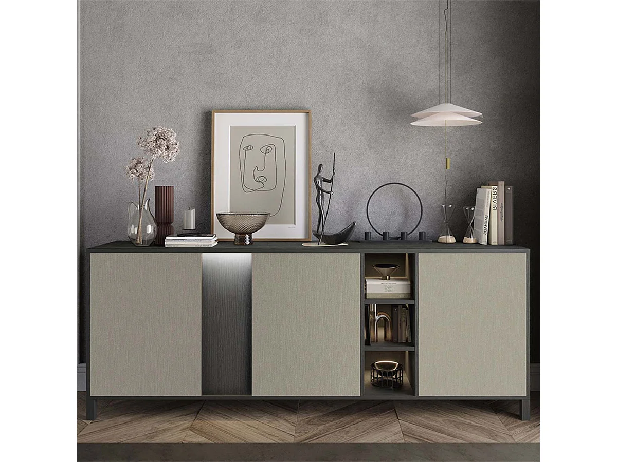 MANTA - Buffet 3 Portes Aspect Chêne Foncé et Champagne avec Leds