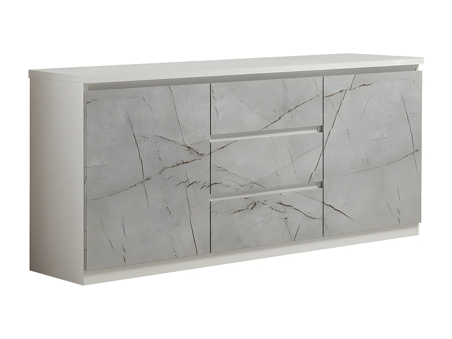 DEYTON - Buffet 2 Portes 3 Tiroirs Laqué Blanc et Gris Marbré