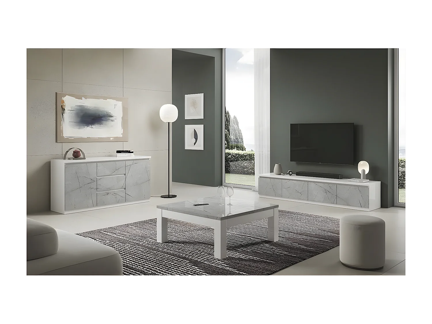 DEYTON - Buffet 2 Portes 3 Tiroirs Laqué Blanc et Gris Marbré