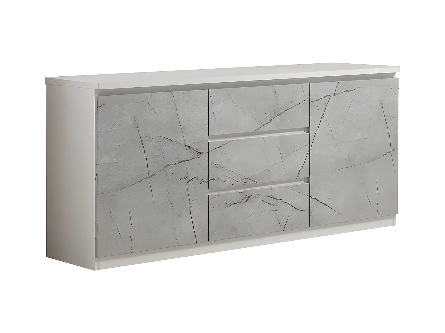 DEYTON - Buffet 2 Portes 3 Tiroirs Laqué Blanc et Gris Marbré