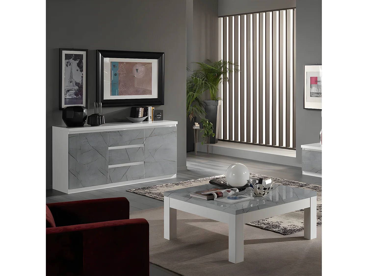 DEYTON - Buffet 2 Portes 3 Tiroirs Laqué Blanc et Gris Marbré