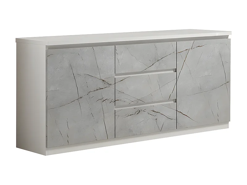 DEYTON - Buffet 2 Portes 3 Tiroirs Laqué Blanc et Gris Marbré