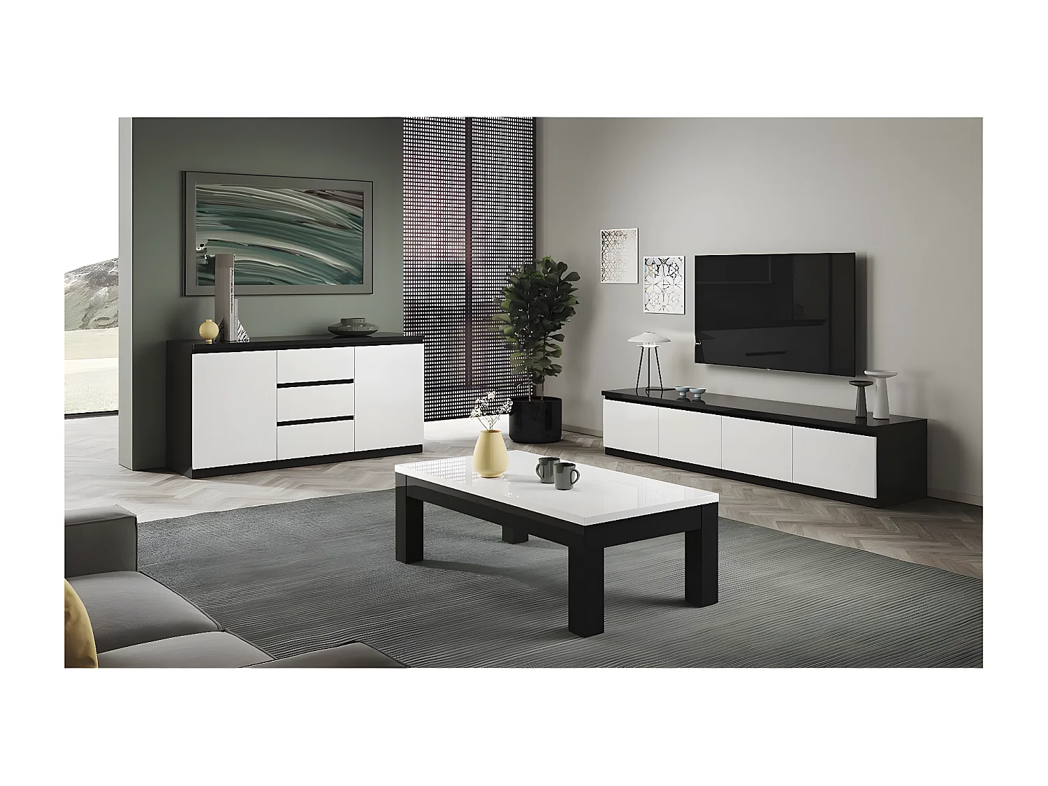 DEYTON - Buffet 2 Portes 3 Tiroirs Laqué Noir et Blanc Brillant