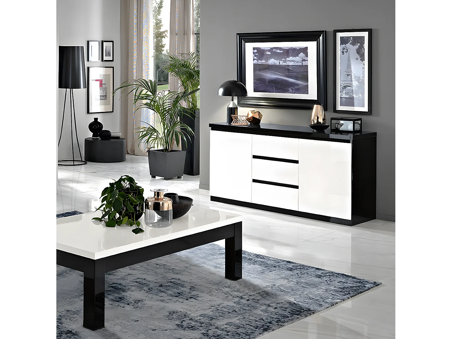 DEYTON - Buffet 2 Portes 3 Tiroirs Laqué Noir et Blanc Brillant