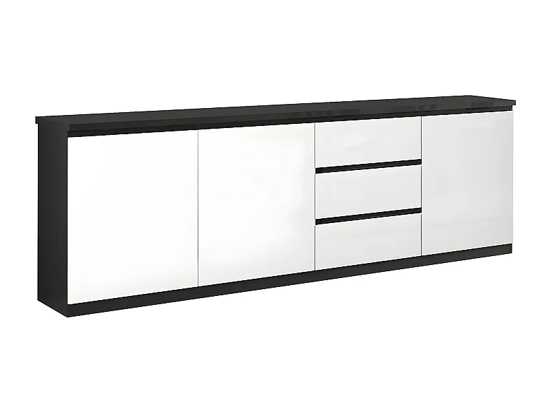 DEYTON - Buffet 3 Portes 3 Tiroirs Laqué Noir et Blanc Brillant