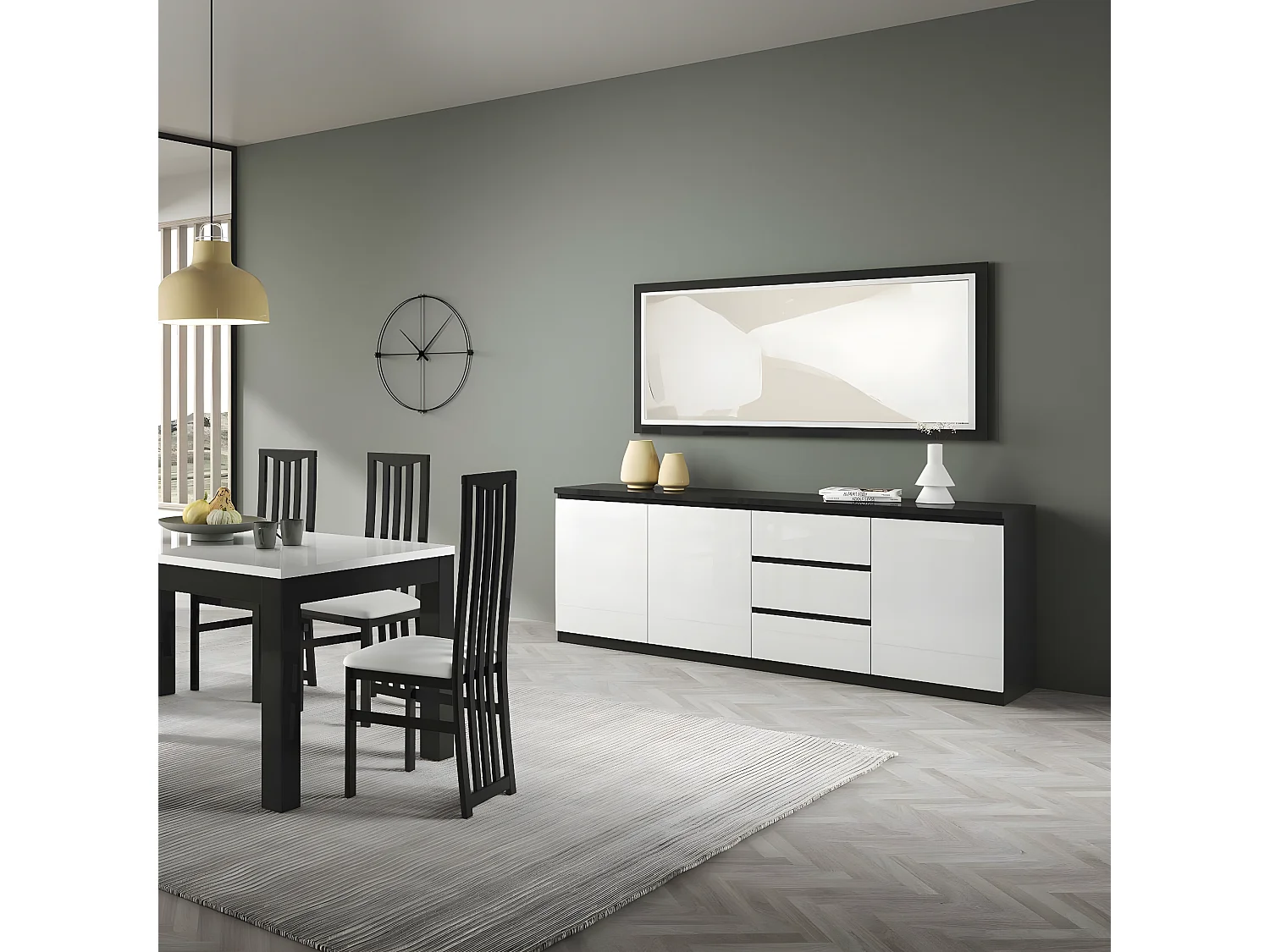 DEYTON - Buffet 3 Portes 3 Tiroirs Laqué Noir et Blanc Brillant