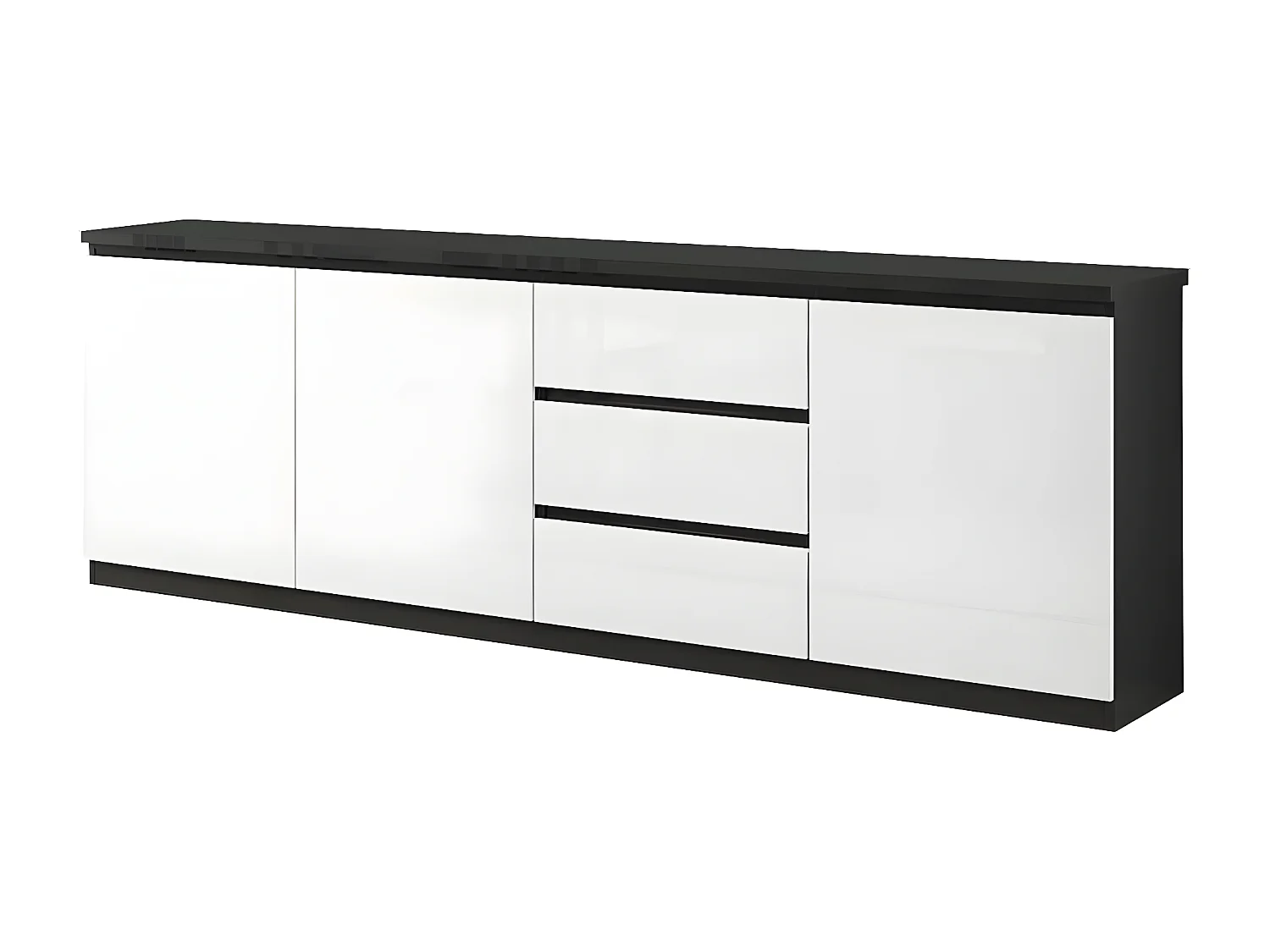 DEYTON - Buffet 3 Portes 3 Tiroirs Laqué Noir et Blanc Brillant