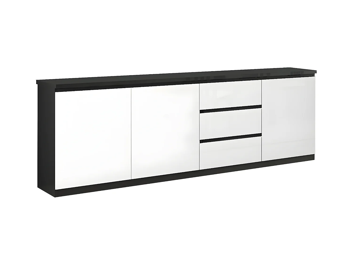 DEYTON - Buffet 3 Portes 3 Tiroirs Laqué Noir et Blanc Brillant