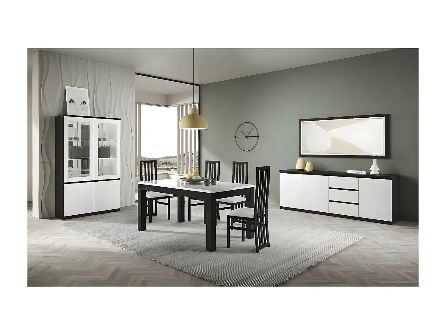 DEYTON - Buffet 3 Portes 3 Tiroirs Laqué Noir et Blanc Brillant